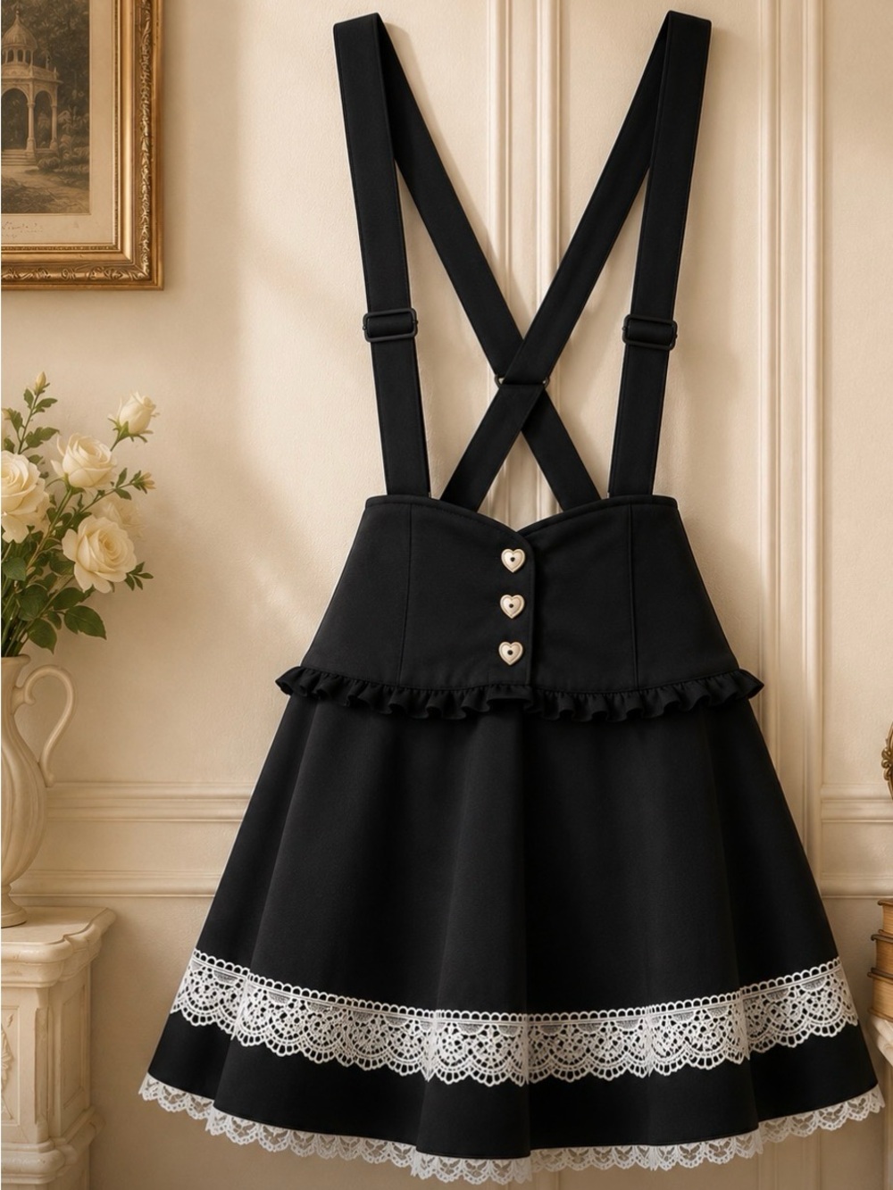 Black Lace-Trim Suspender Skirt with Ruffle